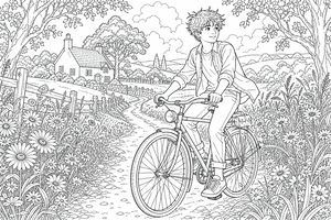 Eine Person fährt auf einem Vintage-Fahrrad über einen steinigen Pfad, umgeben von Gänseblümchen, mit einem kleinen Steinhaus und sanften Hügeln im Hintergrund.