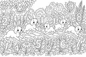 Eine Gruppe spielerischer Hasen hoppelt einen Gartenweg entlang, während die Zahlen 1 bis 9 im Gebüsch und zwischen Blumen versteckt sind.