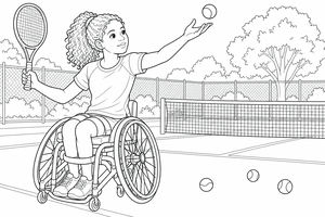 Ein Mädchen mit lockigem Haar sitzt in einem Sportrollstuhl auf einem Tennisplatz. Sie hält einen Tennisschläger und wirft einen Ball für einen Aufschlag vor einem Netz und Bäumen hoch.
