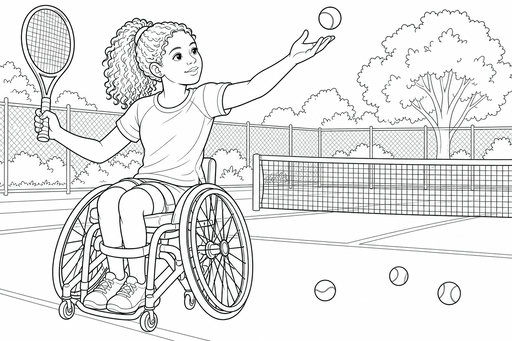 En flicka med lockigt hår sitter i en specialbyggd sportrullstol på en tennisbana. Hon håller ett tennisracket och kastar upp en boll för en serve framför ett nät och träd.