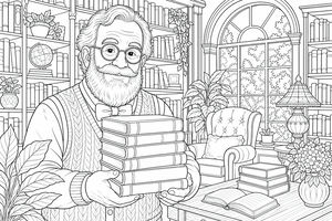 Un vieil homme avec des lunettes rondes et un nœud papillon tenant une lourde pile de livres dans une bibliothèque remplie de plantes.