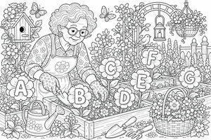 Une femme âgée portant un tablier et des gants de jardinage utilise un transplantoir pour soigner des fleurs en forme de lettres A à G. L'arrière-plan comprend un nichoir, des papillons et un panier rempli de fleurs.