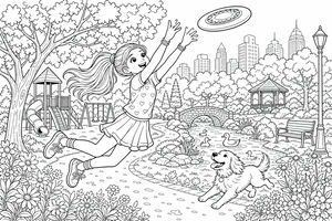 Ein Ausmalbild mit einem Mädchen, das springt, um eine Frisbeescheibe zu fangen, sowie einem Golden Retriever, Enten in einem Teich und einem Spielplatz.