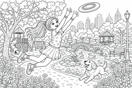 Ein Ausmalbild mit einem Mädchen, das springt, um eine Frisbeescheibe zu fangen, sowie einem Golden Retriever, Enten in einem Teich und einem Spielplatz.