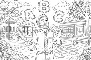 Ein bärtiger Mann mit Krawatte jongliert die Buchstaben A, B und C in der Luft. Er steht auf einem Schulhof mit Rutsche, Schaukeln und Hüpfspiel unter einem wolkigen Himmel.