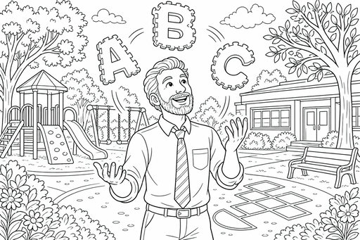 A man with a beard and tie juggles the letters A, B, and C in the air. He stands on a school playground with a slide, swings, and a hopscotch game visible behind him under a cloudy sky.