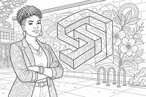 A woman with curly short hair and hoop earrings stands confidently with folded arms in front of a school wall mural featuring a large 3D geometric number, decorative patterns, and flowers. The sidewalk, school entrance, bike rack, and leafy background add context.