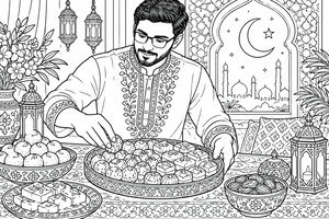 A man with glasses in an embroidered kurta arranges assorted Eid sweets on an elaborately decorated table filled with lanterns, bowls of treats, and flowers. Behind him, an ornate arched window shows a crescent moon, star, and mosque silhouettes, evoking a festive Eid evening.