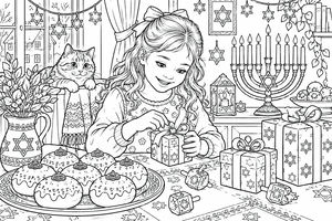 A girl opens a small Hanukkah gift at a table with sufganiyot and dreidels, while a cat looks on. In the background, a lit menorah, Star of David ornaments, and more presents fill the scene.
