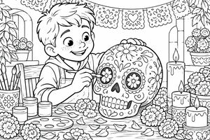 A smiling boy paints a large sugar skull decorated with flowers at a table filled with marigolds, candles, and painting materials. Festive paper decorations hang in the background.