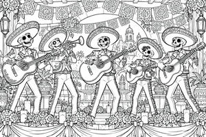 Five skeletons in charro outfits play instruments on a decorated outdoor stage, surrounded by papel picado, flowers, and candles. Traditional architecture fills the background.