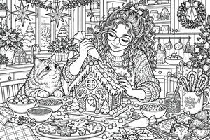 A girl with curly hair and glasses decorates an intricate gingerbread house on a kitchen table covered with cookies, candy, and sprinkles. A fluffy cat sits beside her, watching closely. The kitchen is warmly decorated with star lanterns, wreaths, and snowy winter views through the window.