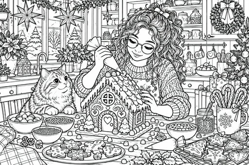 A girl with curly hair and glasses decorates an intricate gingerbread house on a kitchen table covered with cookies, candy, and sprinkles. A fluffy cat sits beside her, watching closely. The kitchen is warmly decorated with star lanterns, wreaths, and snowy winter views through the window.