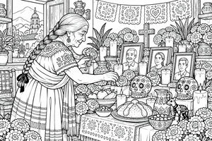 An elderly woman in a traditional embroidered dress arranges flowers and candles on a decorated home altar. The altar displays framed portraits, sugar skulls, food, and many lit candles.