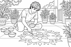 A teen boy kneels and makes a detailed rangoli flower pattern on the courtyard floor, surrounded by potted flowering plants. Ideal for a Diwali activity theme.