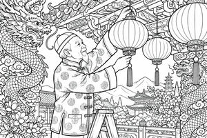 An elderly man in traditional tangzhuang hangs paper lanterns under temple eaves, surrounded by intricate dragons and flowers. Pagodas and mountains appear in the detailed background.