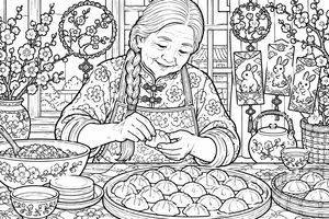 An elderly woman with a braid shapes dumplings at a table full of floral dishes, festive teaware, and Lunar New Year decorations. Plum blossoms and rabbit red envelopes decorate the background.