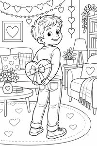 A boy stands in a living room filled with heart-shaped decorations, holding a heart-shaped box of chocolates behind his back. He smiles over his shoulder and the room features sofas, plants, and heart-themed cushions.