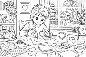A boy makes Valentine's Day cards at a table with hearts, glue, pens, and a sleeping cat. Outside is a wintry scene with a snowman.