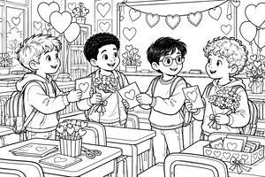 Four children stand in a classroom exchanging valentine cards and bouquets. There are heart decorations, balloons, and flowers on the tables and walls.