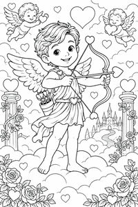 A cupid with wings, heart-shaped bow, and quiver stands on clouds amid floating hearts, roses, and two small cherubs. A fairytale castle is visible in the background.