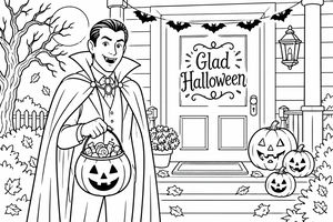 En leende vampyr med lång mantel håller en pumpahink fylld med godis och står på en halloweenpyntad veranda. Verandan har uthuggna pumpor, en 'Glad Halloween'-skylt på dörren, fladdermusslingor och höstlöv på marken.
