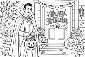 A man dressed as a classic vampire with fangs and a cape holds a pumpkin-shaped candy bucket on a porch decorated for Halloween. The scene includes jack-o'-lanterns, a 'Happy Halloween' sign, paper bats above the door, potted plants, autumn leaves scattered on the steps, and a bare spooky tree in the background.
