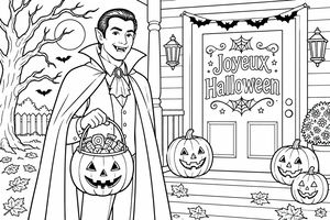 Un vampire avec une cape tient un seau à bonbons en forme de citrouille sur un porche décoré de citrouilles sculptées et de chauves-souris en papier. Des arbres et des feuilles d'automne apparaissent en arrière-plan.