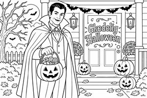 En smilende vampyr med kappe står på en veranda dekoreret til halloween og bærer en græskarspand med slik. Græskarhoveder, efterårsblade, flagermus og et uhyggeligt træ er omkring ham.