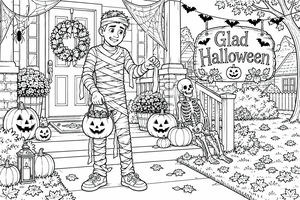 En pojke utklädd till mumie står med sin godishink på en halloweendekorerad trappa. Runt honom finns pumpor, skelett, spindelnät och en skylt med texten ’Glad Halloween’. Perfekt motiv för halloweenfärgning.