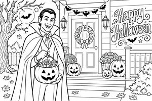 En smilende vampyr med kappe og spisse tenner står med en gresskarbøtte full av godteri på trappen foran en halloweenpyntet veranda. Verandaen har gresskarlykter, blomsterpotter, en krans på døren og papirflaggermus. 'Happy Halloween' står øverst, med høstløv og et bart tre i nærheten.