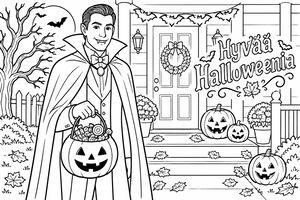 Vampyyriviittaan pukeutunut aikuinen pitää kädessään kurpitsakarkkiämpäriä koristellun kuistin edessä, jota reunustavat kurpitsat, syyslehdet ja halloween-koristeet.