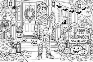 A child in a mummy costume holds a candy bucket on a porch decorated for halloween. Pumpkins, spider webs, and a skeleton are visible, with a 'Happy Halloween' sign on the lawn.