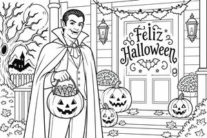 Un vampiro con capa está de pie en un porche decorado para Halloween sosteniendo un cubo de caramelos con forma de calabaza. Aparecen calabazas iluminadas, hojas de otoño y un árbol espeluznante en la escena nocturna.