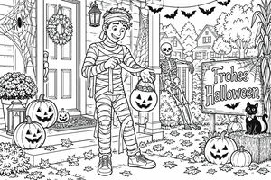 Eine als Mumie verkleidete Person hält einen Kürbiseimer auf einer Veranda voller Kürbisse, Spinnweben und Halloween-Deko. Ein Skelett, herbstliche Blätter und eine schwarze Katze sind ebenfalls zu sehen.