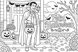 Um vampiro adulto de capa está sorridente numa varanda a segurar um balde de abóbora com doces. Várias abóboras e folhas de outono estão por perto. A frase 'Feliz Halloween' aparece com morcegos e uma árvore ao fundo.