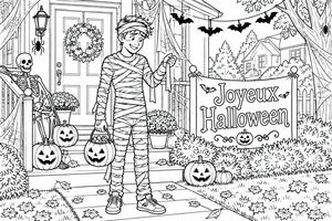 Un garçon en costume de momie se tient sur un porche décoré pour halloween avec des citrouilles, des toiles d'araignée, des chauves-souris et un squelette. Une pancarte 'Joyeux Halloween' est bien visible.