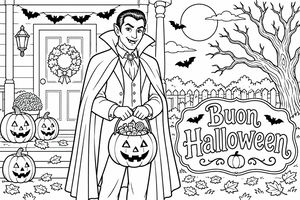 Un vampiro in costume si trova su una veranda tenendo un secchiello per caramelle a forma di zucca. Zucche decorate, pipistrelli, un albero spoglio e foglie autunnali fanno da sfondo alla scena di Halloween.