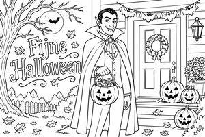 Een vampier met een cape en hoektanden houdt een pompoenemmer met snoep vast voor een veranda versierd met pompoenen, herfstbladeren en Halloween-accenten.