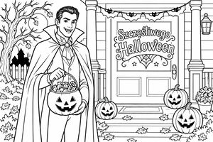 Osoba w kostiumie wampira z peleryną i wiaderkiem na cukierki stoi przy udekorowanej na halloween drzwiach z dyniami, liśćmi i szyldem. W tle widać drzewo i dom.