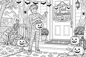En tenåring i mumiekostyme står smilende på en veranda med gresskar, spindelvev, flaggermus og et skjelett som pynt. Han holder en gresskarformet bøtte og vikler av et bandasje med løv på bakken.