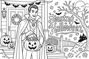 Osoba převlečená za upíra stojí na verandě a drží kbelík plný cukroví. Verandu obklopuje několik dýňových luceren a halloweenských dekorací, v pozadí jsou stromy, padající listí a strašidelný dům.