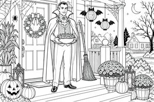 A vampire stands on a decorated porch holding a candy bowl, surrounded by pumpkins, lanterns, spider webs, and flowers. Nighttime setting with houses and moon in the background. Highly detailed coloring page.