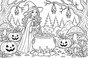 A girl in a witch costume with a pointed hat and long wavy hair stirs a bubbling cauldron over a fire in a spooky forest clearing. Smiling jack-o'-lanterns, large spotted mushrooms, and three bats hang from twisted branches, with pine trees and rocks behind.