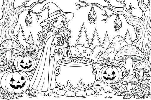 A girl in a witch costume with a pointed hat and long wavy hair stirs a bubbling cauldron over a fire in a spooky forest clearing. Smiling jack-o'-lanterns, large spotted mushrooms, and three bats hang from twisted branches, with pine trees and rocks behind.
