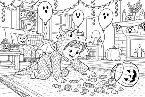 A child in a dragon costume crawls on a rug with Halloween candy and a pumpkin bucket. The living room is decorated with ghost balloons, pumpkins, and party decorations for Halloween.