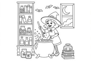 A young witch stirs a large cauldron surrounded by shelves of jars and books. Bats and a crescent moon are visible behind her.