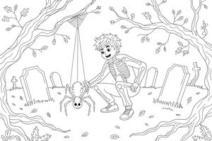A boy dressed in a skeleton costume with spiky hair crouches in a graveyard next to a large spider hanging from its web between twisted tree branches. Leaning tombstones and scattered leaves surround them, creating a spooky Halloween scene.