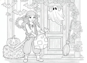 A girl dressed as a pirate stands holding an open patchwork pillowcase on a festive porch. Surrounding her are paper bats, a garland of autumn leaves, a jack-o'-lantern on a hay bale, a broom beside the door, and a paper ghost hanging above.