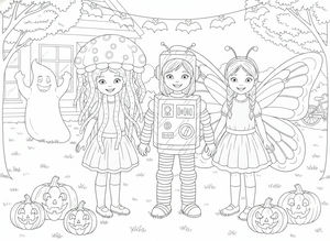 Three children hold hands dressed as a jellyfish, robot, and butterfly on a lawn, surrounded by pumpkins and an inflatable ghost, with bat decorations overhead.